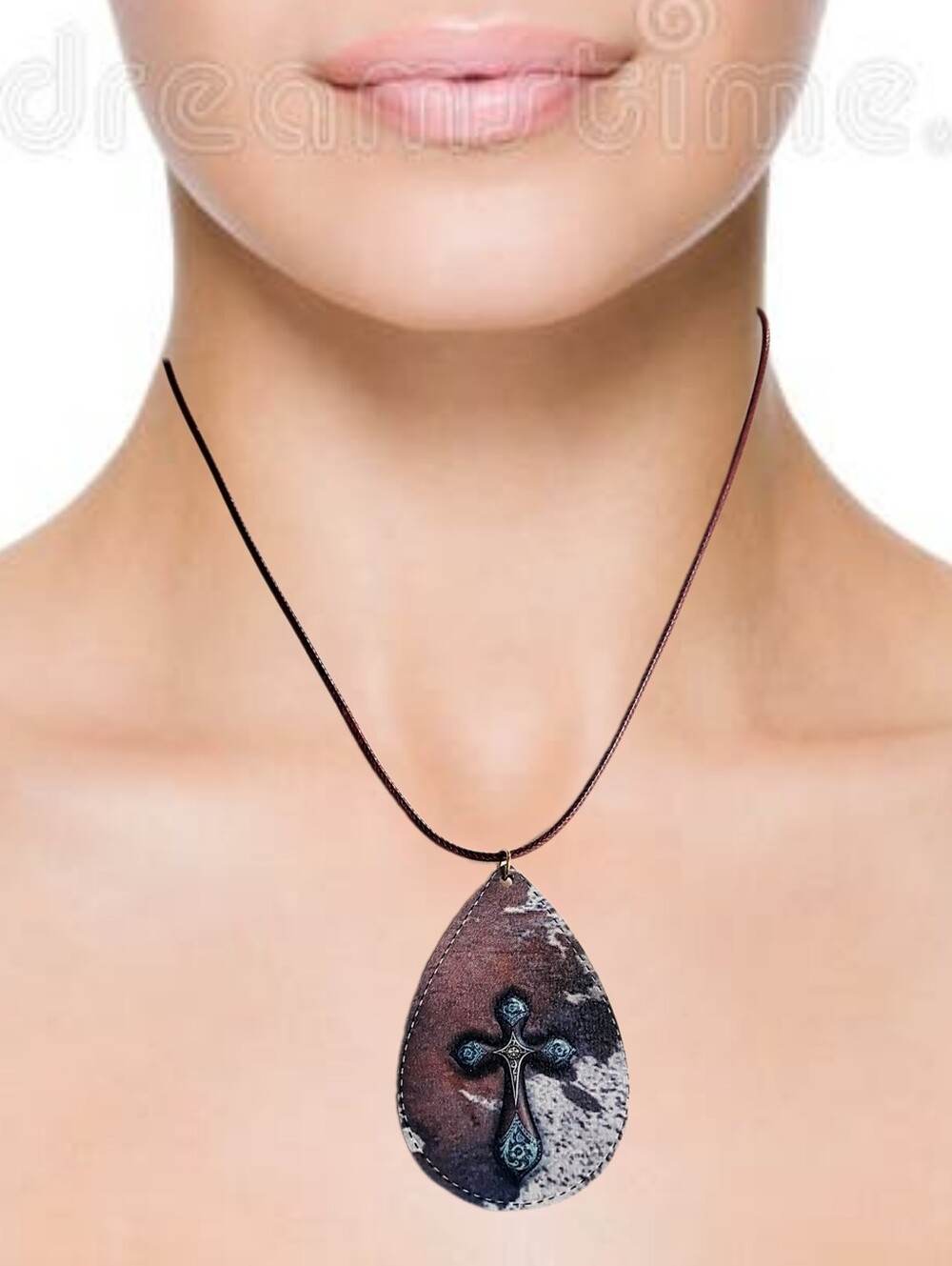Wooden, Teardrop Shaped Cross Pendant, w/ Dark Red Cord Necklace. NWOT